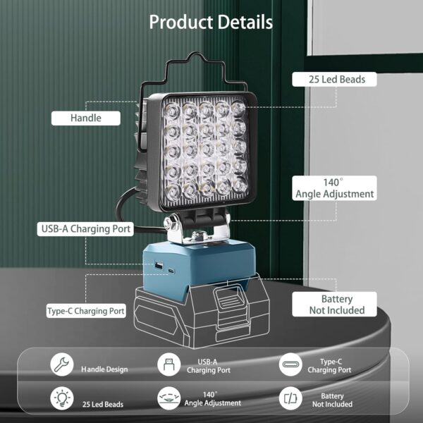 Tumemut Portable LED Work Light 48W 4800LM for Makita 18V 20V 21V Battery - Image 4